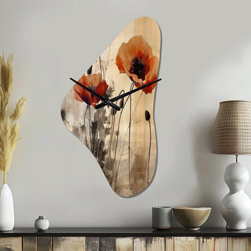 Vintage Beige Poppies II - Asymmetric Metal Wall Clock